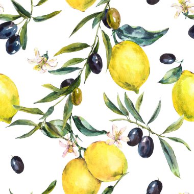 Suluboya limon ve zeytin dalları dikişsiz desen, el çizimi sarı desen. Beyaz arkaplanda klasik yaz duvar kağıdı.