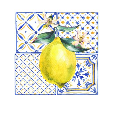 Watercolor lemon greeting card, Vintage summer fruit hand drawn yellow and blue ornament illustration.  clipart