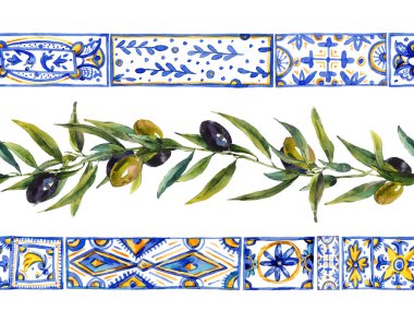 Suluboya zeytin dalları süslemesiz kenar, elle çizilmiş sarı, mavi desenli. Klasik yaz duvar kâğıdı.