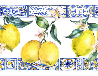 Suluboya limon süsü dikişsiz kenar, meyveli el sarı ve mavi desenli. Klasik yaz duvar kâğıdı.