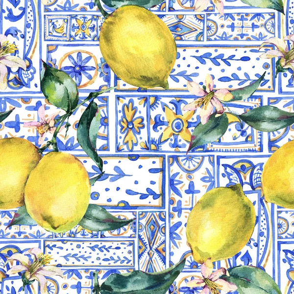 水彩レモンの装飾シームレスなパターン 果物の手は黄色と青の印刷テクスチャを描画します ヴィンテージ夏壁紙 — ストック写真
