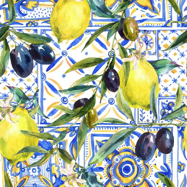 Watercolor lemon and olive branches ornament seamless pattern, hand drawn yellow, blue print texture. Vintage summer wallpaper.