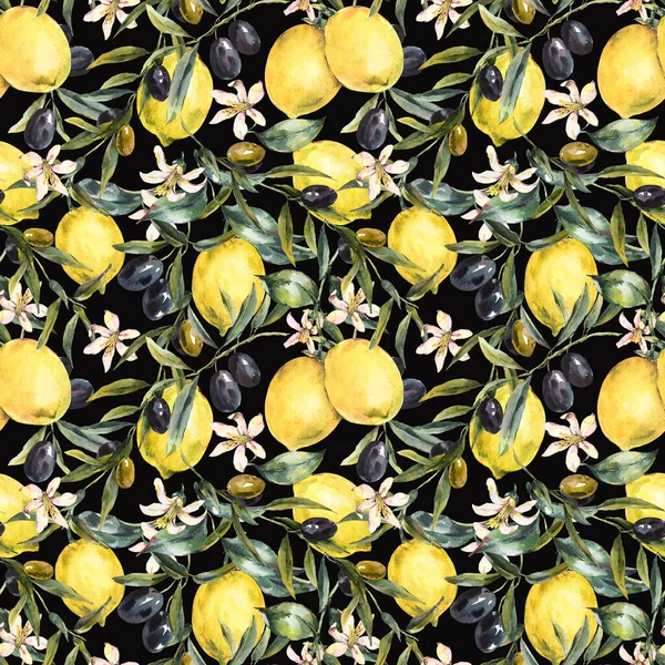 Suluboya Limon Zeytin Dalları Dikişsiz Desen Çizimi Sarı Desen Siyah — Stok fotoğraf
