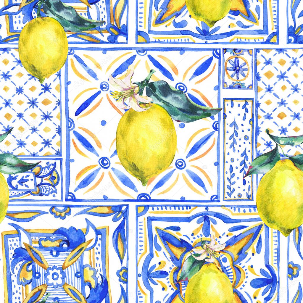 Watercolor lemon ornament seamless pattern, fruit hand drawn yellow and blue print texture. Vintage summer wallpaper.