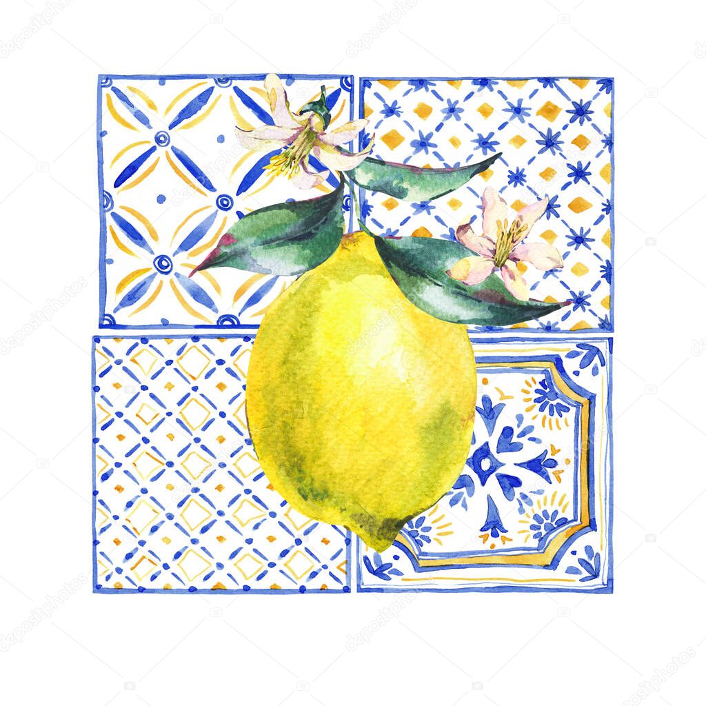 Watercolor lemon greeting card, Vintage summer fruit hand drawn yellow and blue ornament illustration. 