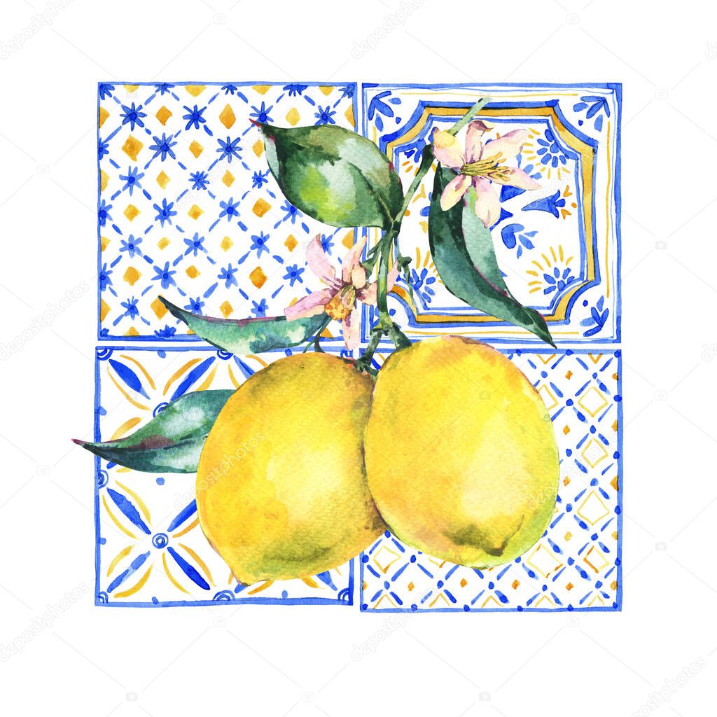 Watercolor lemon greeting card, Vintage summer fruit hand drawn yellow and blue ornament illustration. 