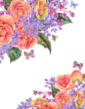 Begonya 'nın suluboya klasik yaz tebrik kartı, leylak çiçekleri kelebek, arılar. Beyaz arka planda izole edilmiş doğal illüstrasyon, botanik şablon çiçek çerçevesi