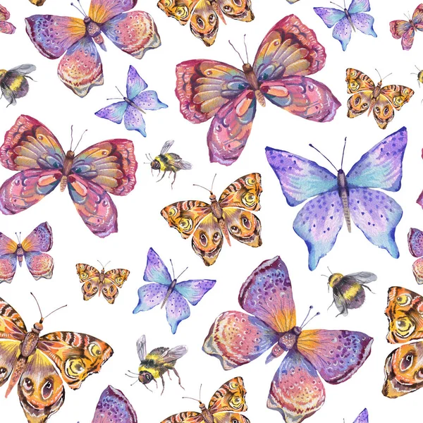 Watercolor Natural Colorful Butterfly Seamless Pattern Summer Insect Texture White — Stock Photo, Image