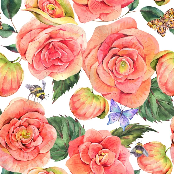 Akvarel Vinobraní Letní Bezešvé Vzor Begonia Květiny Motýl Včely Přírodní — Stock fotografie