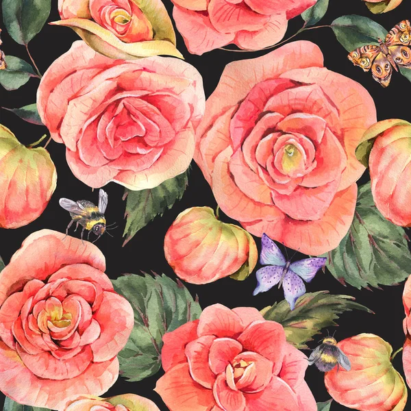 Akvarell Vintage Sommar Sömlöst Mönster Begonia Blommor Fjäril Bin Naturlig — Stockfoto