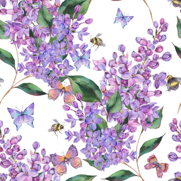 Primavera Acuarela Flor Lilas Flores Patrón Sin Costuras Abejas Mariposa — Foto de Stock