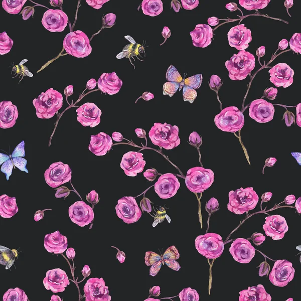 Primavera Aquarela Florescendo Rosa Minúsculas Flores Sem Costura Padrão Abelhas — Fotografia de Stock