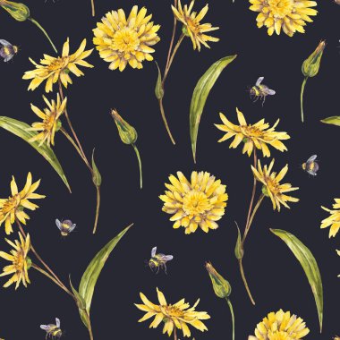 Suluboya yaz çayırı çiçekleri pürüzsüz desenler, sarı kır çiçekleri. Siyah arkaplanda botanik çiçek dokusu, doğal duvar kağıdı.