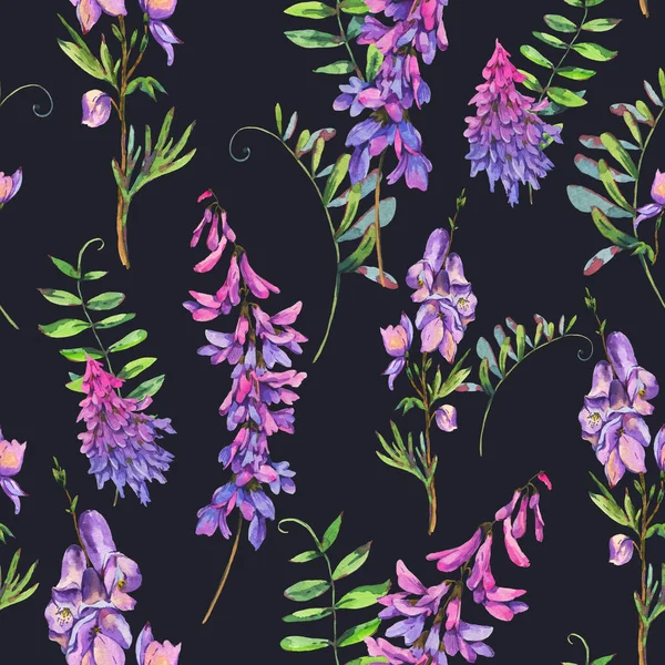 Watercolor Summer Seamless Pattern Violet Wildflowers Botanical Texture Black Background — Stock Photo, Image