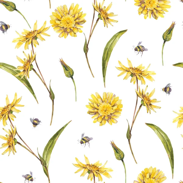 Watercolor Summer Meadow Flowers Seamless Pattern Yellow Wildflowers Botanical Floral — Stock Photo, Image