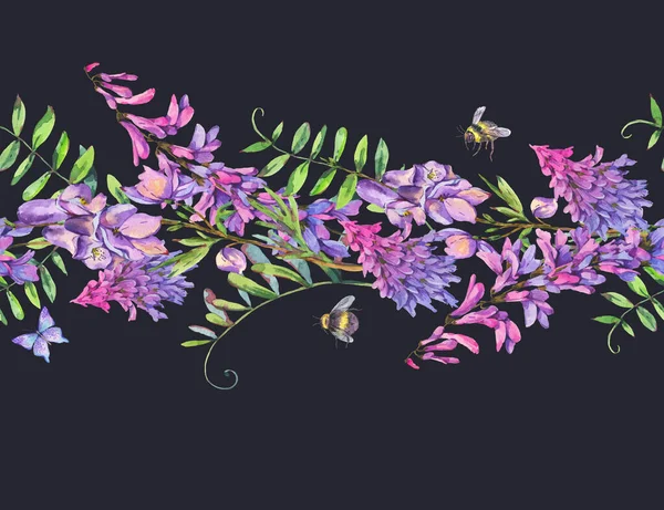 紫色の野の花の水彩夏の牧草地シームレスな境界 黒の背景に植物の質感 天然の花の壁紙 医用花コレクション — ストック写真