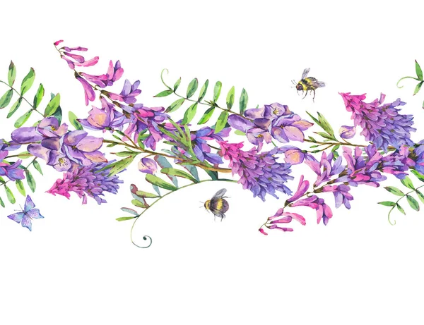 Aquarel Zomerweide Naadloze Rand Van Violette Wilde Bloemen Botanische Textuur — Stockfoto