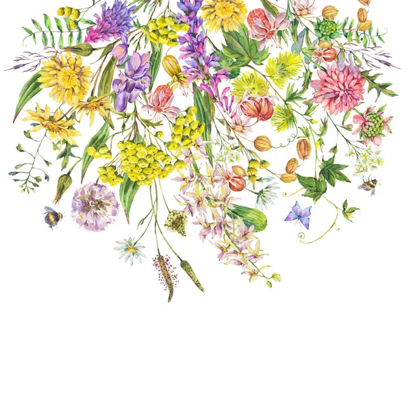Vintage Aquarell Sommer Wiese Bunte Wildblumen Grußkarte Botanische Blumenattrappe Auf — Stockfoto