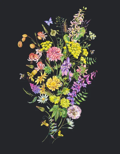 Ročník Akvarel Letní Louka Divoké Květiny Blahopřání Botanická Květinová Kytice — Stock fotografie