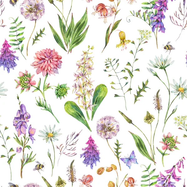 Vintage Watercolor Summer Purple Meadow Wildflowers Seamless Pattern Botanical Floral — Stock Photo, Image