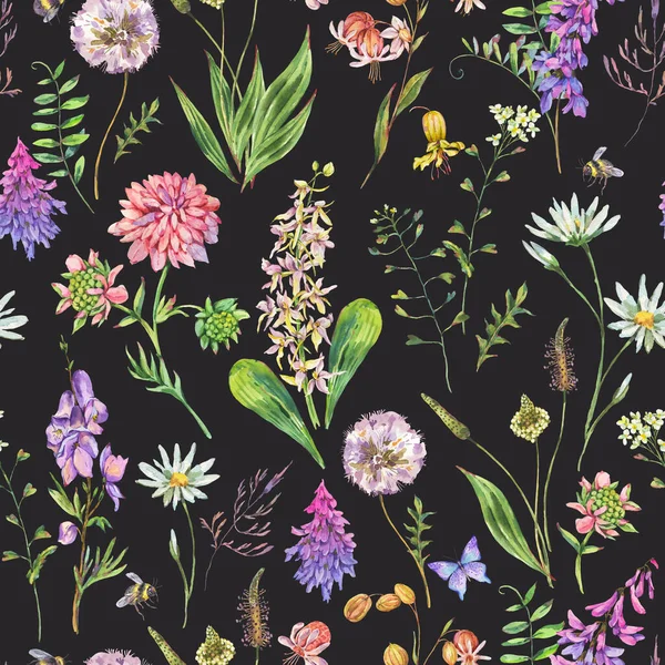 Vintage Watercolor Summer Purple Meadow Wildflowers Seamless Pattern Botanical Floral — Stock Photo, Image