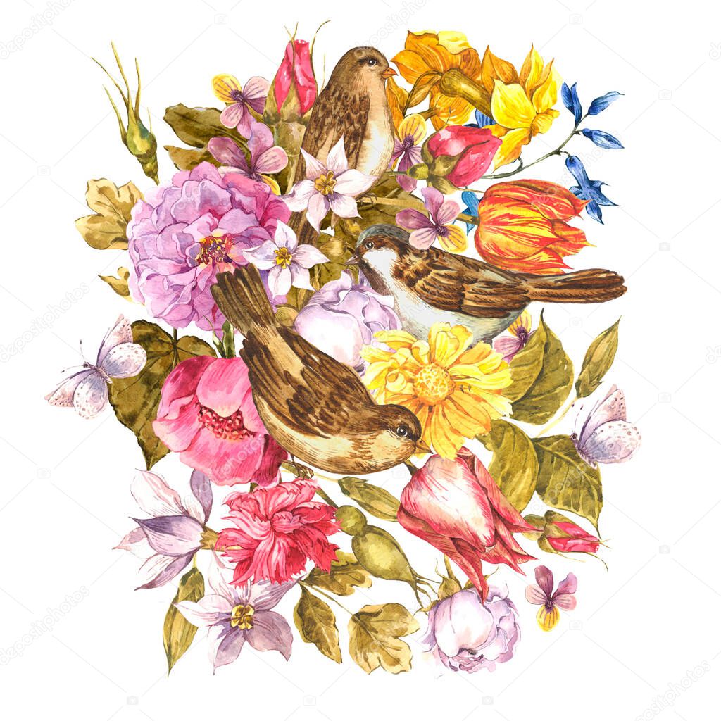 Vintage watercolor greeting card with spring, summer flowers and birds.  Natural botanical collection isolated on white background