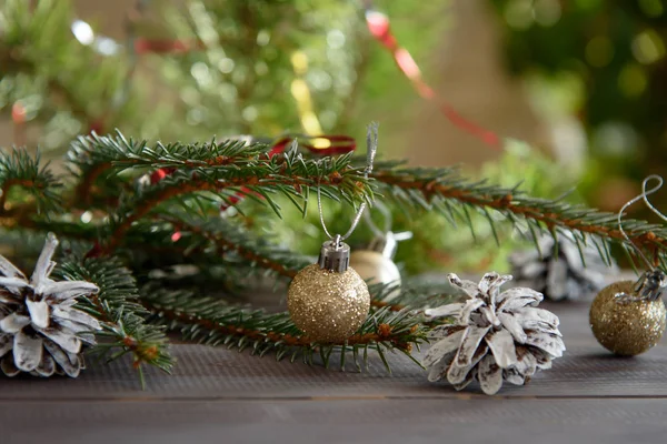 Noël Décoration Sur Une Table Bois Cônes Pin Noël Boules — Photo
