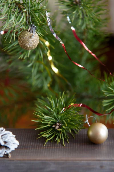 Noël Décoration Sur Une Table Bois Cônes Pin Noël Boules — Photo