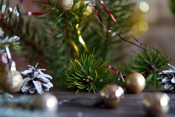 Noël Décoration Sur Une Table Bois Cônes Pin Noël Boules — Photo