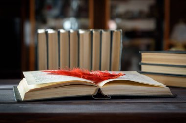 Tahta bir masanın üzerinde kitap ayracı olan açık bir kitap.