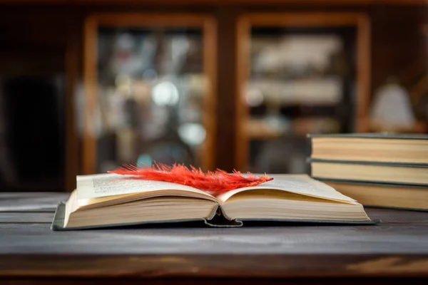 Tahta bir masanın üzerinde kitap ayracı olan açık bir kitap.