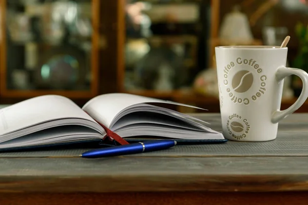 Open Notebook Pen Coffee Mug Wooden Table — Stock Photo, Image