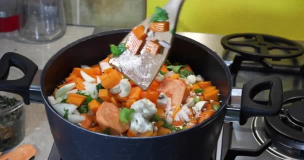 A woman stirs a wooden spatula ingredients in a pan for making cream soup — Stock Video