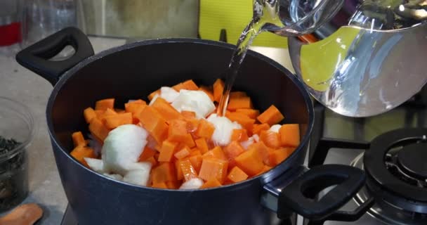 Uma mulher derrama água em uma panela com ingredientes em pé em um fogão a gás para fazer sopa de creme. Conceito de alimentação saudável — Vídeo de Stock