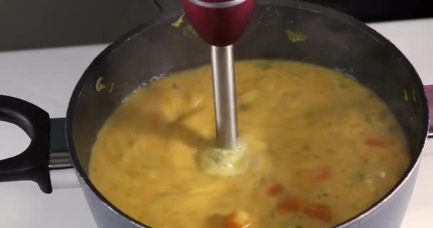 Una mujer mezcla la sopa de crema terminada con una licuadora de manos en una cacerola. Concepto de alimentación saludable — Vídeo de stock