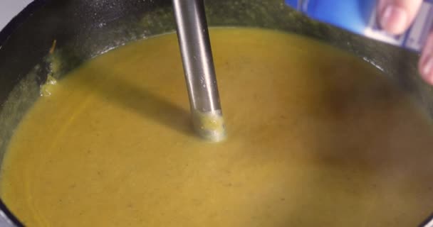 Woman Mixes Ready Made Cream Soup Hand Blender Pan Close — Stockvideo