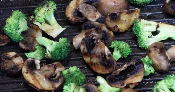 Champignon Porcini Mushrooms Broccoli Fried Ribbed Plate — Stock Video