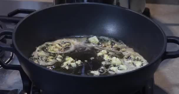 Woman Pours Shrimps Hot Pan Butter Garlic — Stock Video