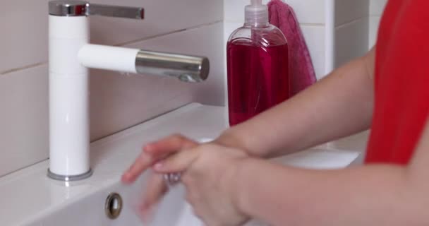 Teen Girl Washes Hands Soap Sink Protect Viruses Bacteria Concept — Stock Video