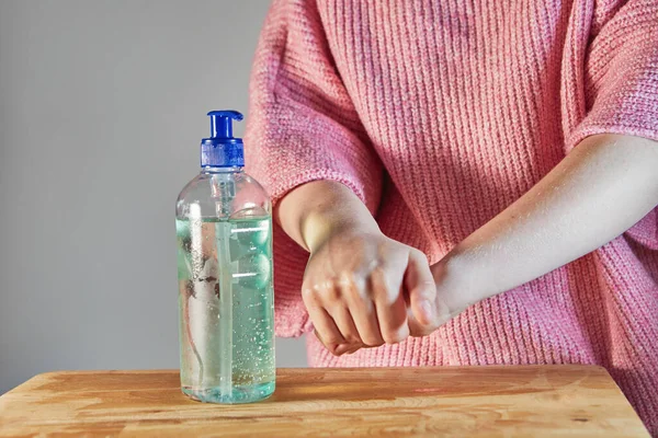 Cleansing Hands Hand Sanitizer Gel Alcohol Percent Push Bottle Hand — Stock Photo, Image