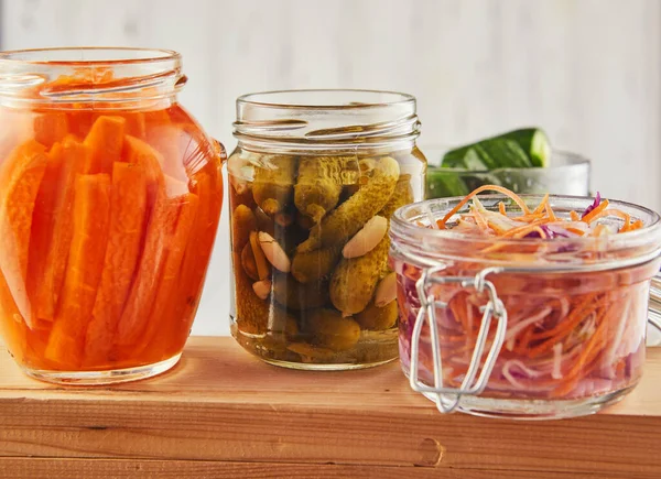 Fermented Preserved Vegetarian Food Concept Pickled Carrots Sauerkraut Salted Cucumbers — Stock Photo, Image