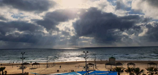 Panorama Costa Marítima Israel Pôr Sol Pessoas Vão Desportos Quarentena — Fotografia de Stock