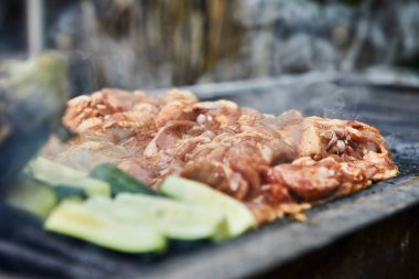 Izgara kabak tavuğu, yeşil biber ve patlıcan arka planda ızgaradan çıkan dumanla birlikte. Barbekü partisi.