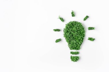 Soyut simge ampulleri çimenler ve beyaz arkaplanda yeşil yapraklar. Ekoloji kavramı yenilenebilir enerjidir. Yeşil enerji