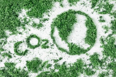 Karbondioksit salgılamak ve ot ve yosunlardan dünya gezegenini çizmek. Ekoloji, hava kirliliği ve küresel ısınma kavramı. Çevre koruma