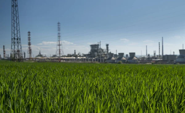 Olja fabrik med grönt gräs förgrunden — Stockfoto