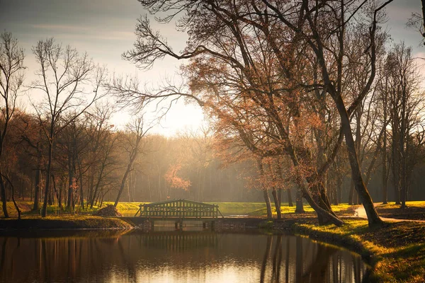 Bridge on lake autumn park — Stock Photo, Image