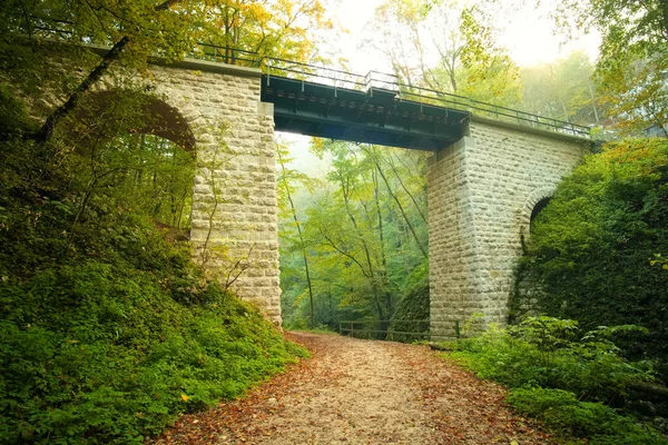 Viadukt v podzimním lese — Stock fotografie