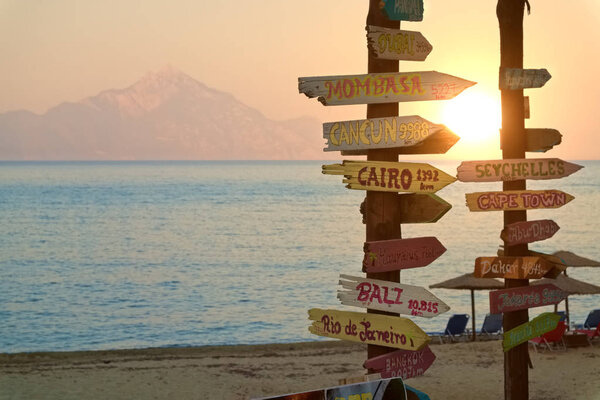 Direction signpost with distance to many different cities