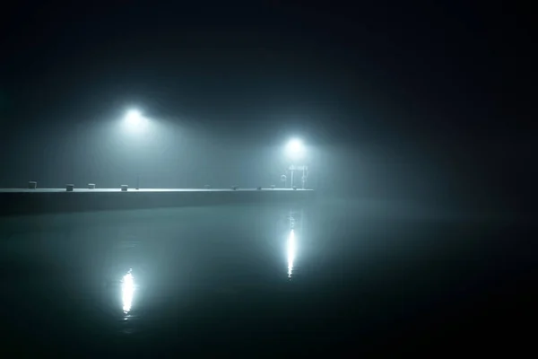 Port at night foggy weather — Stock Photo, Image